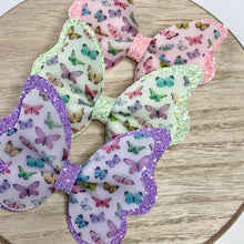 Load image into Gallery viewer, Double Butterfly Pinch Bow - Butterflies &amp; Glitter

