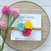 Load image into Gallery viewer, Rose Trio Headband - Teal, Yellow, Strawberry
