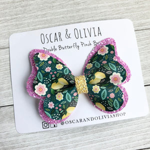 Double Butterfly Pinch Bow - Lemon Floral