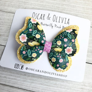 Double Butterfly Pinch Bow - Lemon Floral