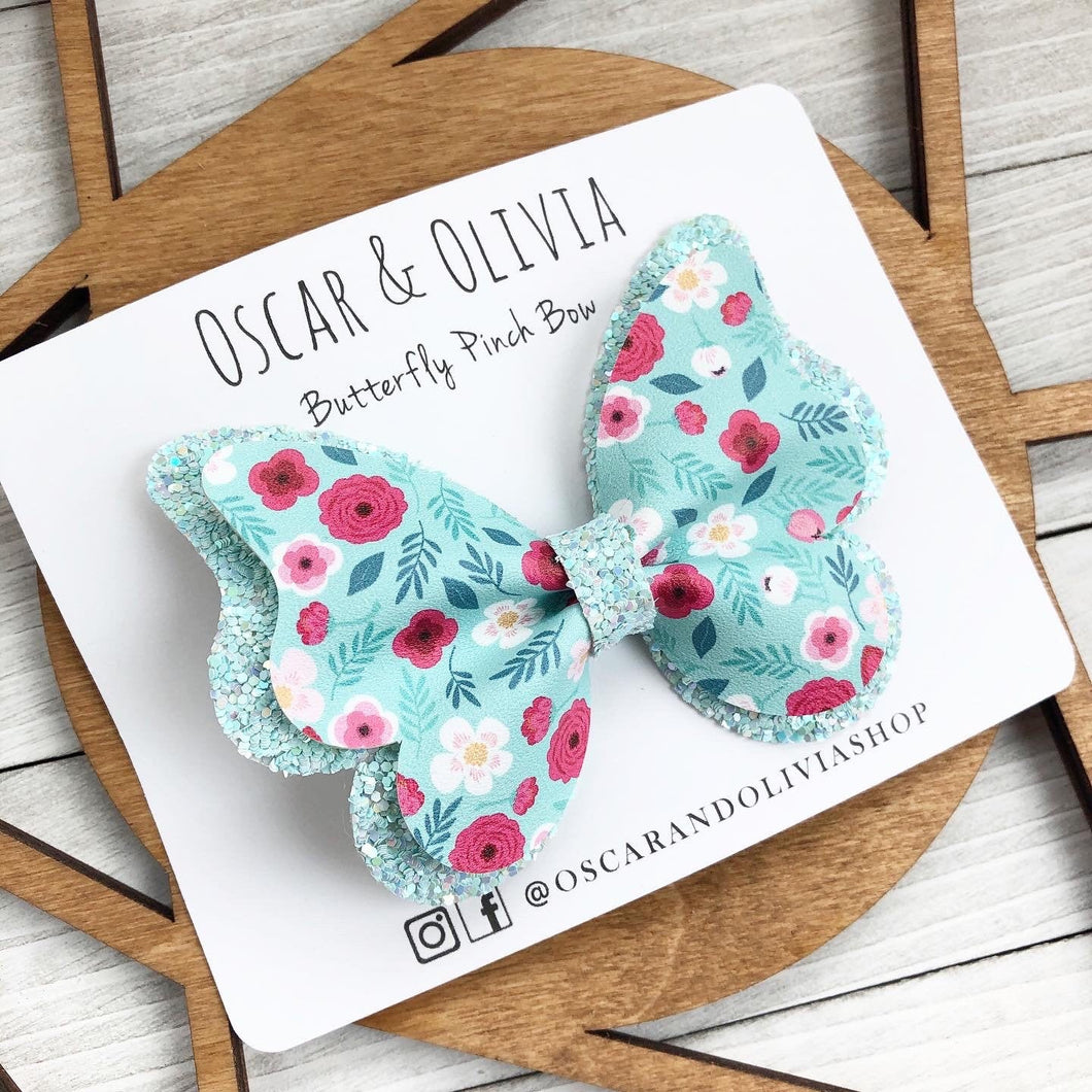 Double Butterfly Pinch Bow - Teal Floral