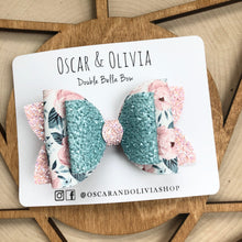 Load image into Gallery viewer, Double Bella Bow - Teal &amp; Pink Floral
