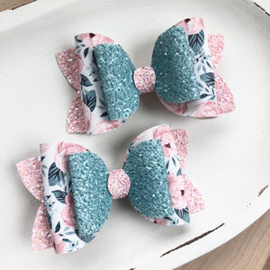 Double Bella Bow - Teal & Pink Floral