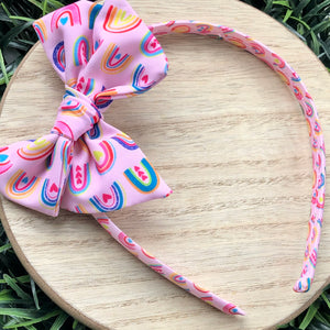 Fabric Headband w/ Bow - Pink Rainbow